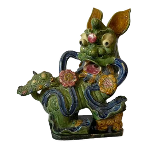 19th Century Chinese Shiwan Ceramic Green Glazed FengShui Foo Dog Sculpture