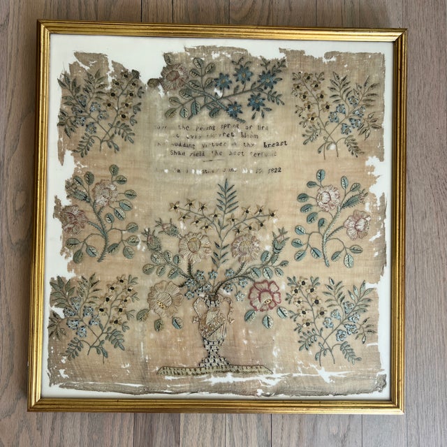 1822 Fine Silk Floral Embroidery Signed and Framed With Provenance on Verso