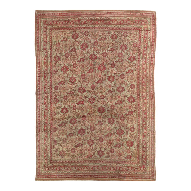 Antique Oushak Carpet, Handmade Oriental Rug, Pale Light Blue, Coral, Raspberry For Sale
