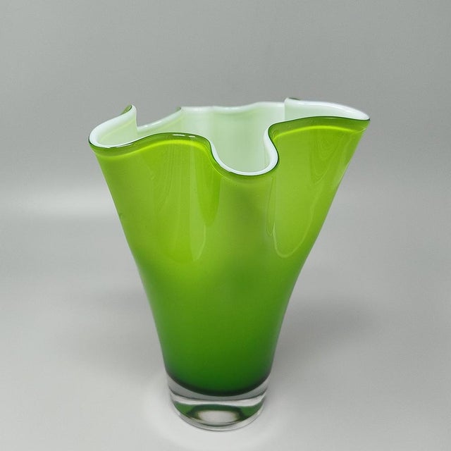 1960s Astonishing green vase Fazzoletto by Ca' Dei Vetrai in Murano glass. Made in Italy. The item is in excellent...