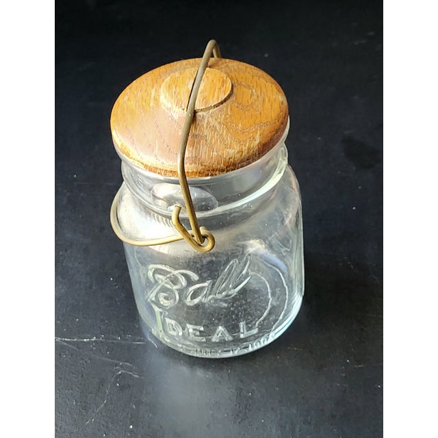 Vintage Ball Glass Jar With Wooden Lid & Metal Wire Clamp For Sale - Image 4 of 8