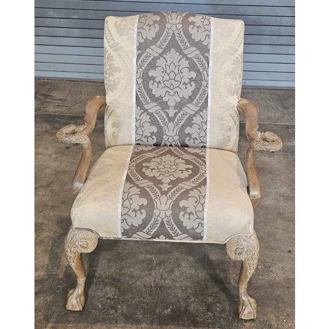 Late 20th Century Late 20th Century Chippendale Style Armchair Carved Swan Arms Ball & Claw Feet Damask Fabric For Sale - Image 5 of 10