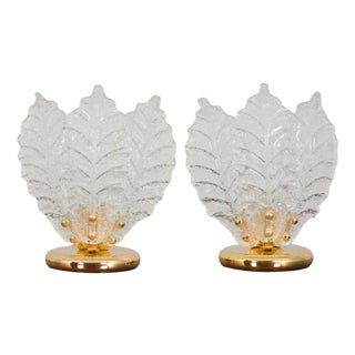 Italian Brass and Murano Glass Leaf Shaped Table Lamps Attributed to Novaresi, Set of 2 For Sale