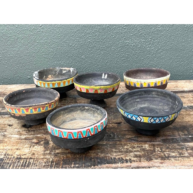 Vintage Painted Ceramic Pedestal Bowls - Set of 6 For Sale - Image 10 of 12