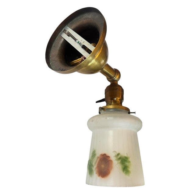 1920s 1920s Botanical Motif Glass Shaded Wall Sconce on Original Patina Brass Fixture For Sale - Image 5 of 5