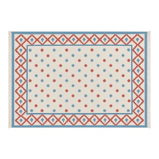Handmade Cotton Vegetable Dyed Rug, White, Sky Blue and Terracotta Star Dhurrie-12'x15' For Sale