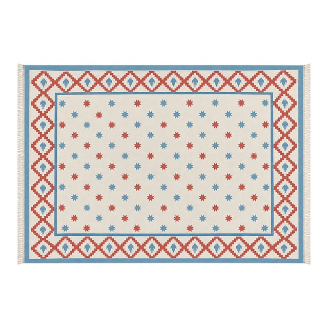 Handmade Cotton Vegetable Dyed Rug, White, Sky Blue and Terracotta Star Dhurrie-12'x15' For Sale