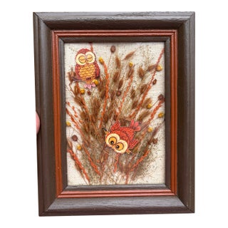 MCM Vintage Mixed Media Owl & Botanical Wall Hanging Art For Sale