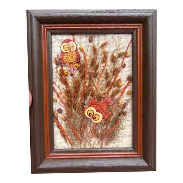 MCM Vintage Mixed Media Owl & Botanical Wall Hanging Art For Sale
