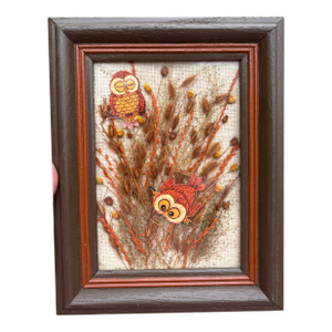 MCM Vintage Mixed Media Owl & Botanical Wall Hanging Art