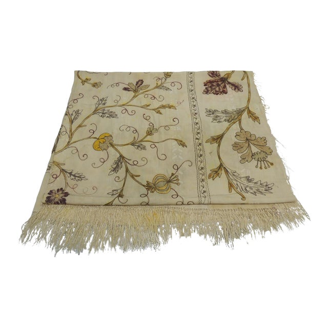 Large Antique Art Nouveau Floral Embroidered Silk Cloth With Fringes For Sale