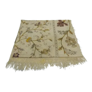 Large Antique Art Nouveau Floral Embroidered Silk Cloth With Fringes