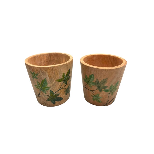 A Pair of Vintage Hand-Painted Ivy Teak Wood Cache Pots For Sale - Image 4 of 12