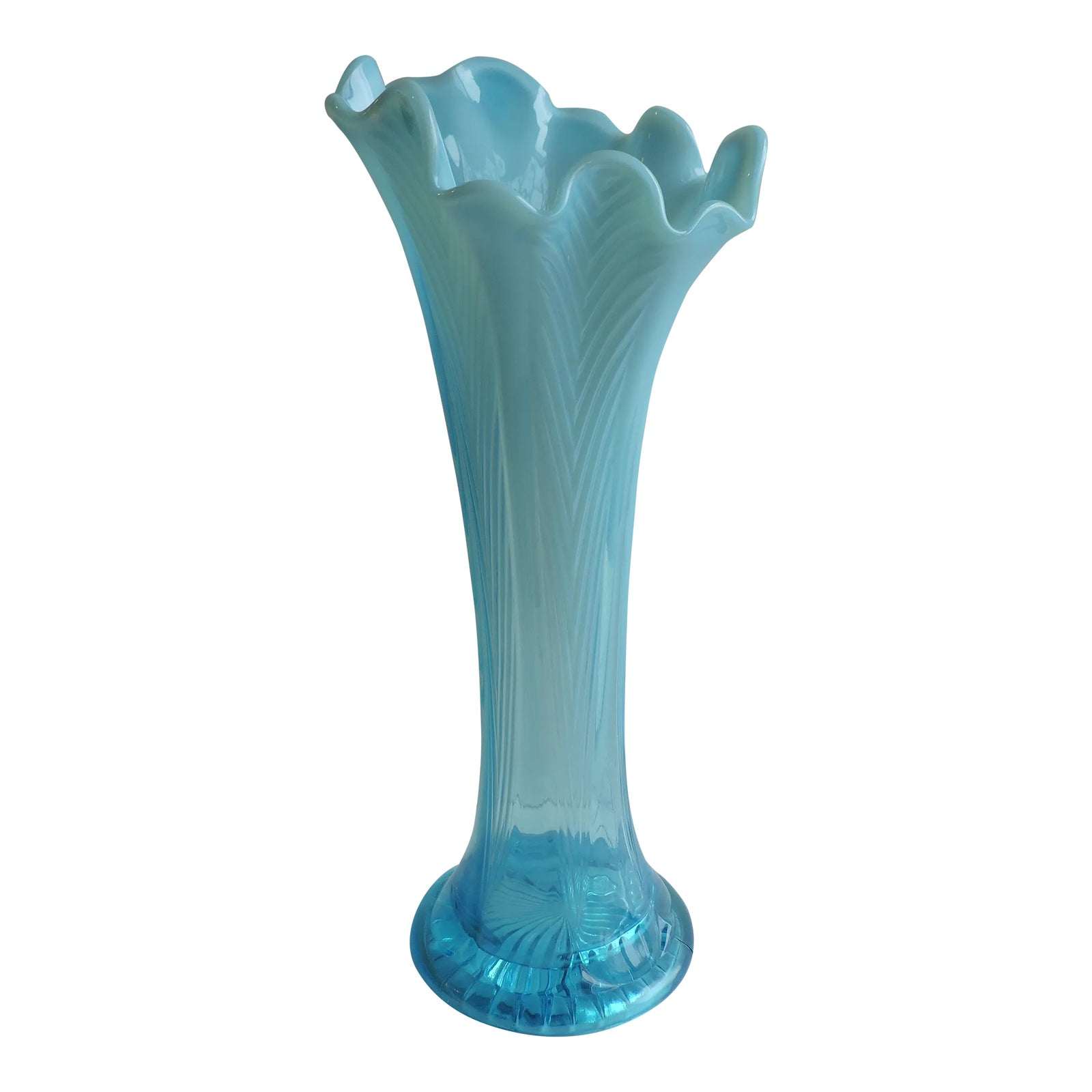 Circa 1908 Northwood Blue Opalescent Swung Glass Feathers Vase Chairish