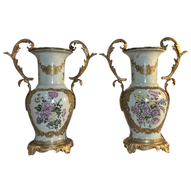 Metal Vintage Ormolu Rococo Ceramic Urns With Floral Motif- A Pair For Sale - Image 7 of 15