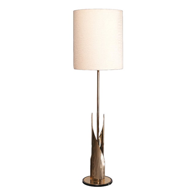 Vintage Hollywood Regency Brass Floor Lamp with Shade, 1970s For Sale