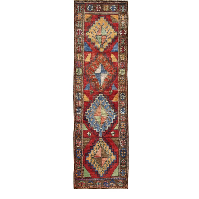 Colorful Antique Turkish Oushak With Geometric Tribal Design in Brilliant Red For Sale