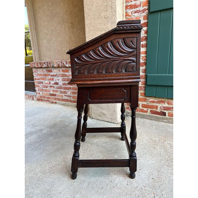 Antique English Slant Front Desk Display Stand Jacobean Carved Tiger Oak Lectern For Sale - Image 9 of 18