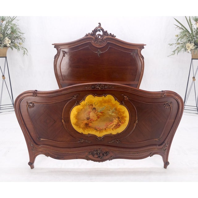 Brown Hand Paint Decorated Plaque Carved Walnut Queen Size French Bed Headboard Rails For Sale - Image 8 of 12