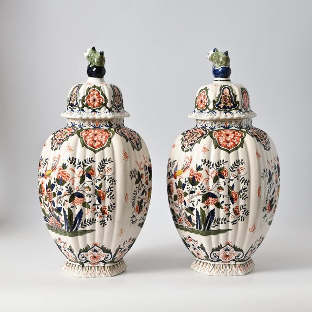 Polychrome Delft Vases by Louis Fourmaintraux, Set of 2, in Very Good conditions. Designed before 1890 This piece has an...