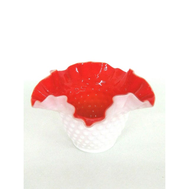 Kanawha Hobnail Style White Milk Glass Red Overlay Crimped Bowl Vase For Sale - Image 9 of 11