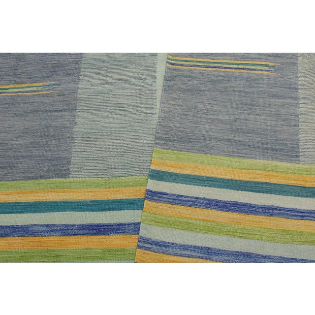 2000 - 2009 Abstract Kilim Blue Gold Wool Rug - 8'6" X 11'5" For Sale - Image 5 of 7