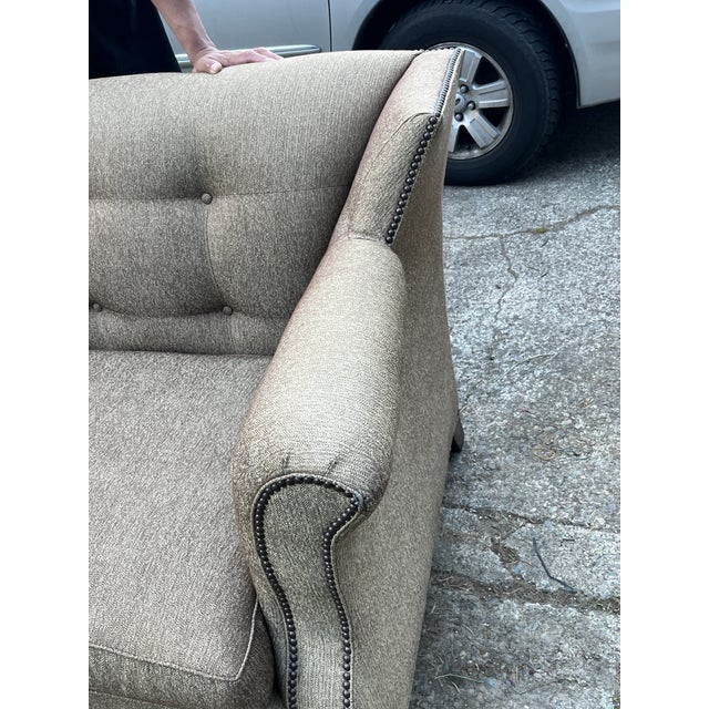 Contemporary Hickory Chair Custom Upholstered Loveseat, Chestnut Herringbone With Nailhead Detail For Sale - Image 3 of 5