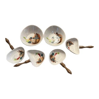 Porcelain Skillet, Dipping Dish, Vintage Appetizer Set With Wooden Handles- Set of 6 For Sale