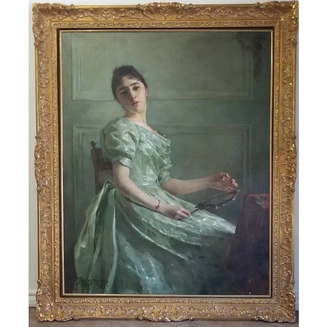 Textile 1890 Berthe Burgkan Signed Framed Antique Portrait Woman Oil on Canvas Painting For Sale - Image 7 of 7