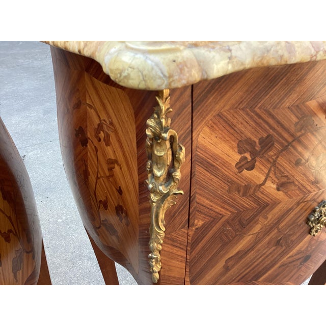 French Exceptional Pair French Inlay Night Tables W/Marble For Sale - Image 3 of 10