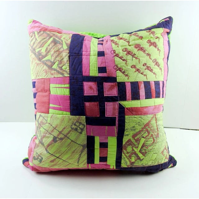 Textile Artist Quilted Green & Pink Monoprint Pillow For Sale - Image 7 of 7