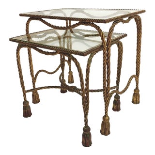 1950s Gilt Hollywood Regency Rope & Tassel Metal and Glass Nesting Tables For Sale
