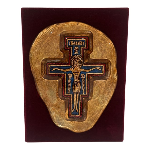 Vintage Murano Glass Crucifix Wall Plaque – San Damiano Style on Velvet For Sale