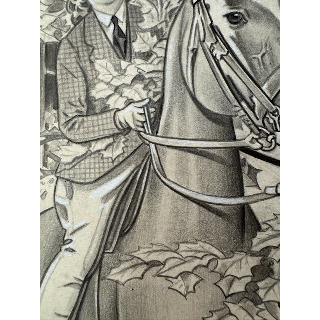 American 1940s Original Signed Graphite Illustration of Girl on Horseback, 8.75 X 7 In. For Sale - Image 3 of 5