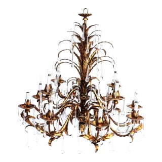 Huge & Spectacular Italian Gold Gilt Chandelier - Tear Drop Crystals For Sale
