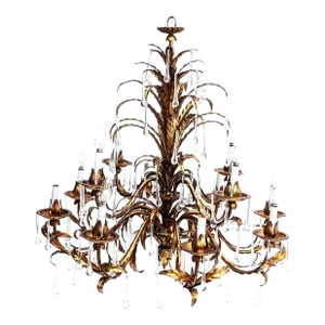 Huge & Spectacular Italian Gold Gilt Chandelier - Tear Drop Crystals