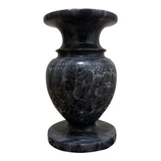 Vintage Polished Black and Gray Marble Vase With Intricate Floral Etching For Sale