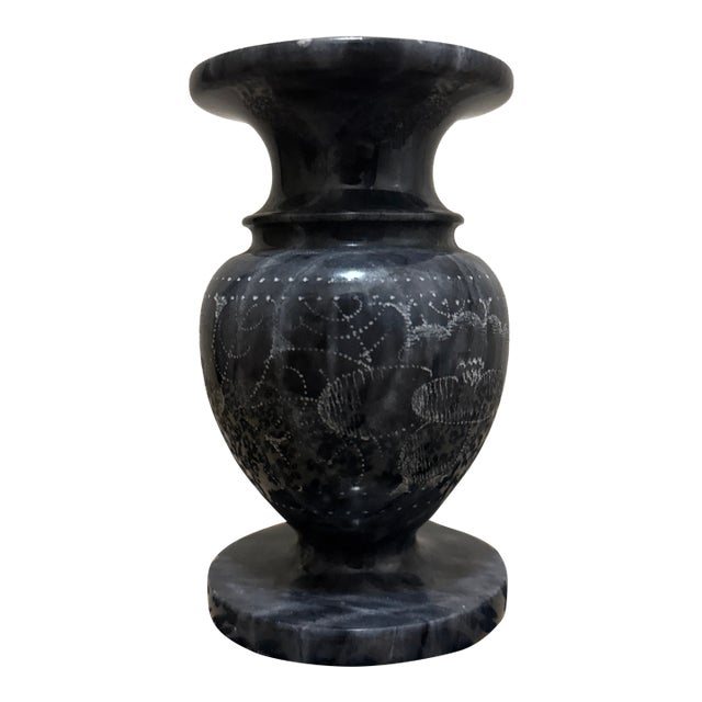 Vintage Polished Black and Gray Marble Vase With Intricate Floral Etching For Sale