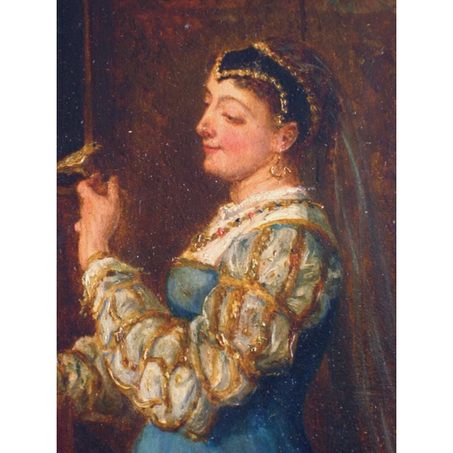 Wood Portrait of a Lady Holding a Bird French Oil Painting Alfred Henri Darjou For Sale - Image 7 of 17