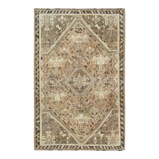 1960s Vintage Cropped Thin Persian Qashqai With Earth Tones Colors Trojan Horses Hand Knotted Clean Oriental Rug For Sale