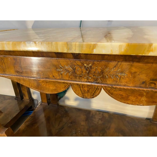 Pair of 19th Century Continental Inlaid Walnut Consoles With Yellow Onyx Tops For Sale - Image 10 of 15