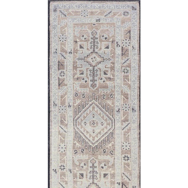Measures: 2'11 x 13'8 Turkish Oushak Runner with Soft Beige, Taupe, and Blue Geometric Motifs. Keivan Woven Arts. rug...