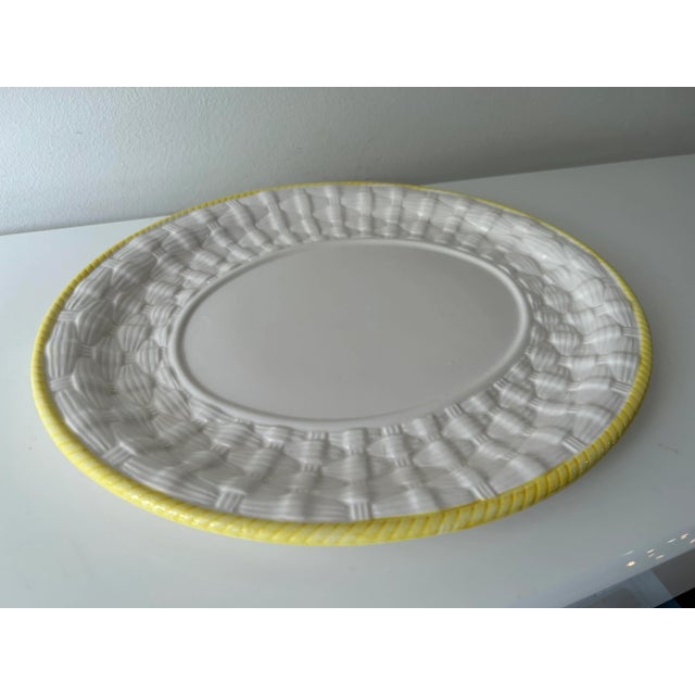 Wood Vintage Porcelain Robert Nemeth Basketweave White With Yellow Trim Plate For Sale - Image 7 of 7