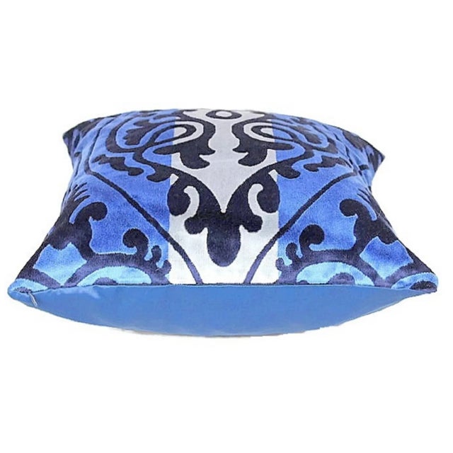 1990s Damask Cut Velvet Stripe Grey and Blue Pillows - a Pair For Sale - Image 5 of 12