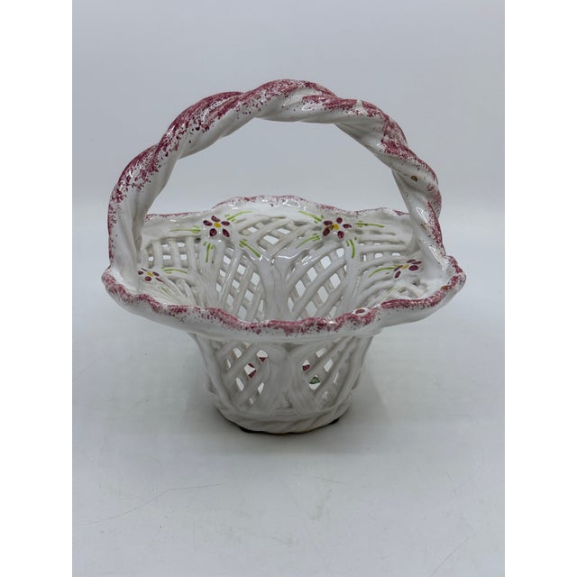 Pink Small Pink and White Reticulated Ceramic Basket Made in Portugal For Sale - Image 8 of 10