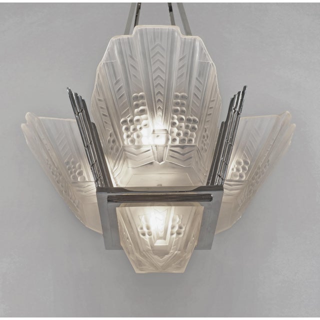 Silver Jean Gauthier Ejg French Art Deco Nickeled Bronze & Frosted Glass Chandelier 1930s For Sale - Image 8 of 11