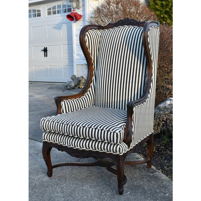 Vintage Carved Oak Country French High Back Wing Chair For Sale - Image 4 of 13
