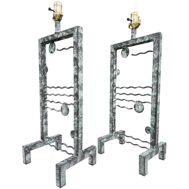 Contemporary Vintage Large Postmodern Memphis Style Iron Table Lamps With Faux Verdigris Finish, Pair For Sale - Image 3 of 12