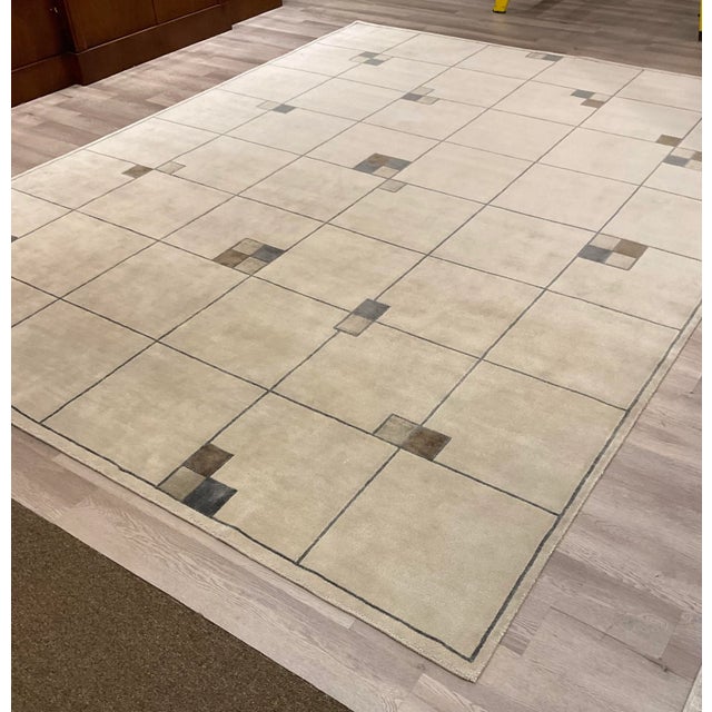 Christopher Guy Nourison Home for Christopher Guy Taupe and Ecru Wool and Silk Hand Knotted De Stijl Rug 9x12 For Sale - Image 4 of 8