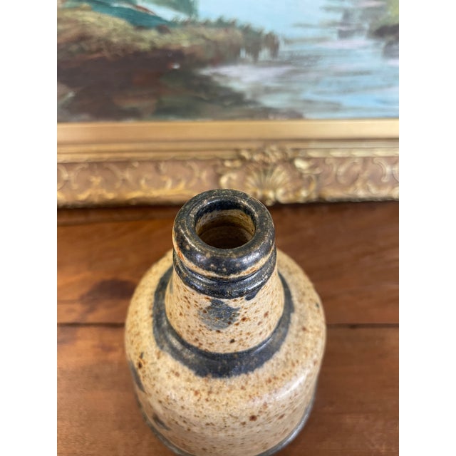 Signed Vintage Studio Pottery Vase by Matay, Hand Thrown Stoneware With Speckled Glaze and Cobalt Brush Accents. For Sale - Image 10 of 10